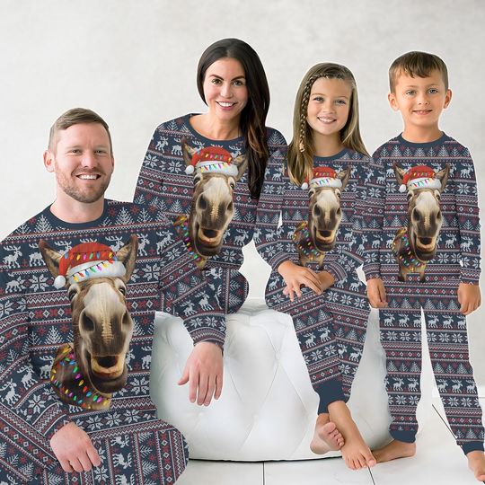 Discover Donkey Christmas Family Pajamas Set, Donkey Santa Xmas Pajamas, Farm Holiday Pajamas, Animal Lover Pajamas Pants Gift For Women Men Kid