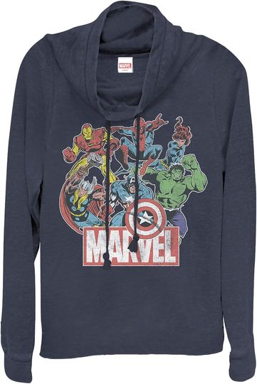 Discover Marvel Junior's Classic Hero Collage Cowl Neck Sweatshirt