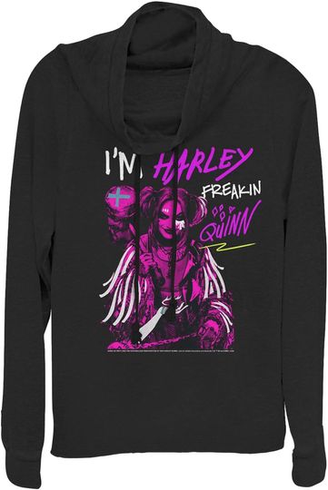 Fifth Sun Junior's Birds of Prey Harley Freakin' Quinn Cartoon Cowl Neck Sweatshirt