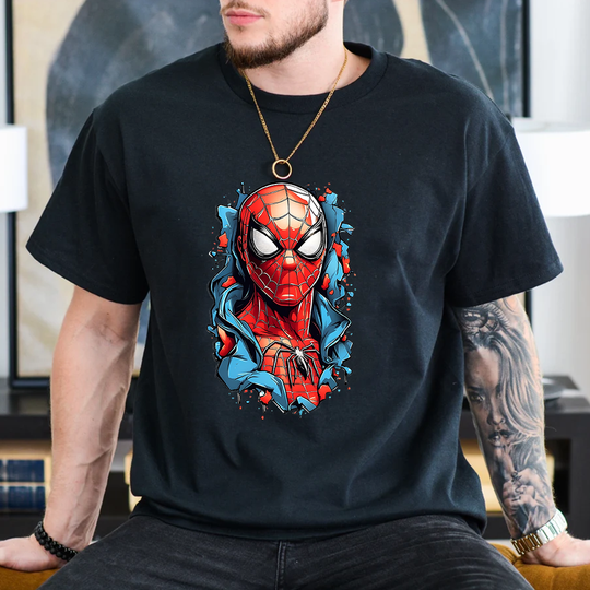 Mens New Street Spider Man T-Shirt Outdoor Loose Cool Spider Man Round Neck T-Shirt Top