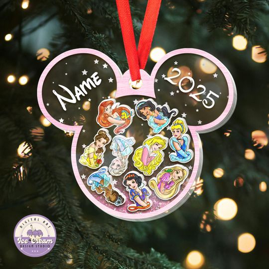 Personalized Disney Princess Shaker Ornament, Disney Christmas Ornament, Disney Girls Trip Ornament, Family Christmas 4D Shaker Ornament