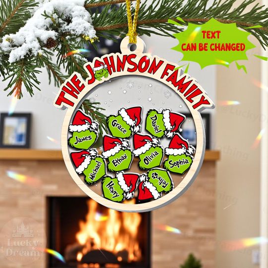 Personalized Disney Family Christmas Ornament 2025, Custom Name Shaker Ornament with Santa Hats, Funny Green Red Xmas Tree Decoration Gift
