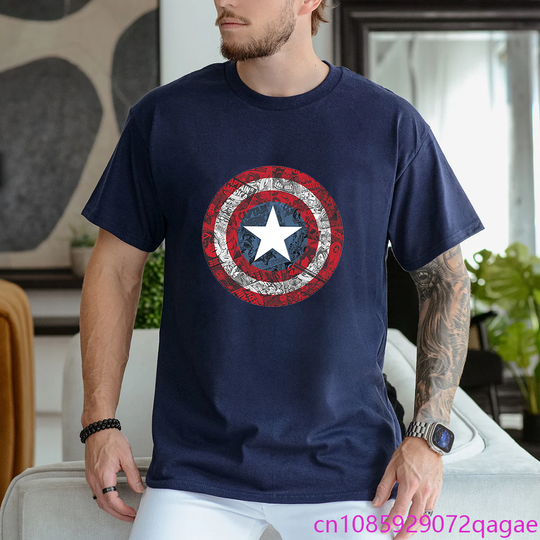 Discover Marvel Captain America Avengers Shield Printed T-Shirt Outdoor Street Vintage Shield Y2K Shirt T-Shirt