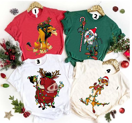 Discover Disney Lion King Christmas Lights Rafiki Pumbaa Timon Scar Simba Santa shirt, Disneyland Xmas Matching Shirt, Walt Disney World Tee