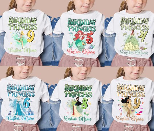 Discover Personalized Birthday Princess Shirt, Disney Princess Snow White Belle Elsa Merida Ariel Tiana Mulan Birthday Shirt, Disneyland Trip Tee