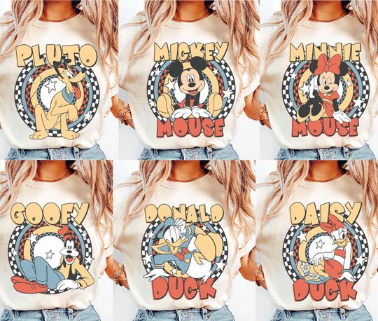 Discover Retro Disney Mickey and Friends Checkered Shirt, Mickey and Friends Shirt, Walt Disney World Magic Kingdom, Disneyland Trip Family 2025 Tee