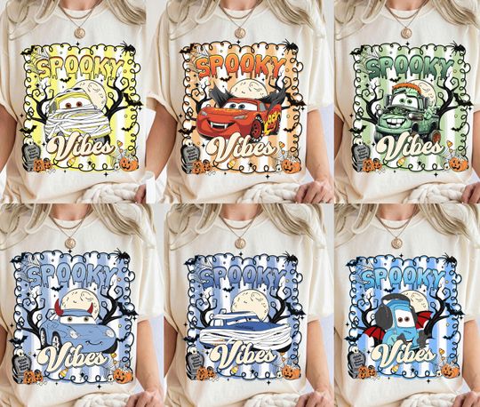 Discover Retro Disney Pixar Cars Halloween Spooky Shirt, McQueen Sally Tow Mater Doc Hudson Chick Hicks Ghost Car T-shirt ,Spooky Season Halloween