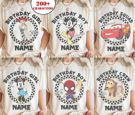 Discover Personalized Disney All Characters Checkered Birthday Shirt, Mickey and Friends Toy Story Star Wars Marvel Bday Shirt, Disneyland Trip Shirt