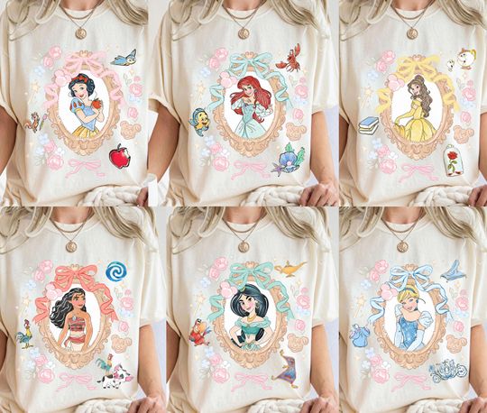 Discover Retro Coquette Bow Disney Princess Shirt, Disney Princess Snow White Belle Ariel Tiana Moana Shirt, Walt Disney World Girl Trip Shirt