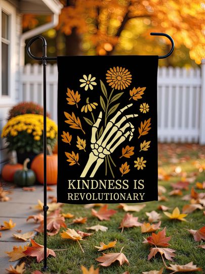 Fall Halloween Garden Flag, Spooky Skeleton Hand with Wildflowers