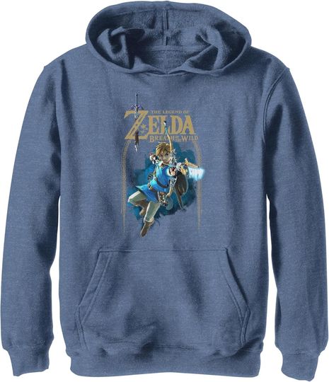 Boy's Nintendo Legend of Zelda Breath of The Wild Arch Pull Over Hoodie - Navy Blue Heather - Medium