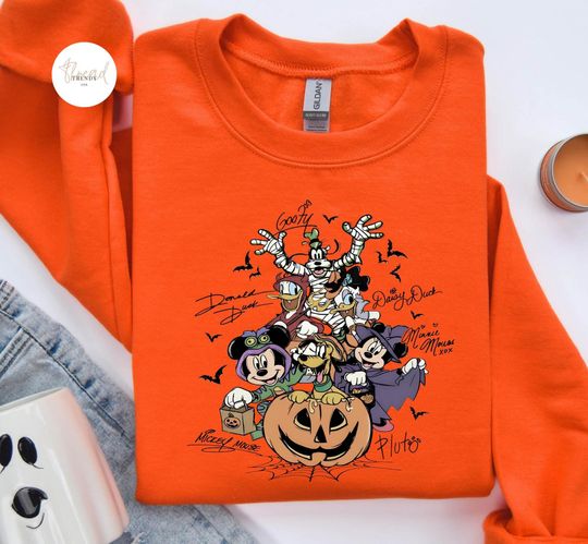 Discover Retro Disney Friends With Signs Halloween Tee, Mickey Friends Halloween Party Hoodie, Disney Pumpkin Sweatshirt, Spooky Season Vibe Gift Kid