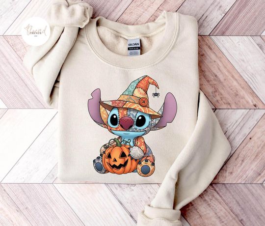 Halloween Patchwork Stitch Sweatshirt, Stitch Halloween Sweatshirt, Disney Stitch Sweatshirt, Disney Halloween Witch Stitch Trip Spooky Season Vibe Gift