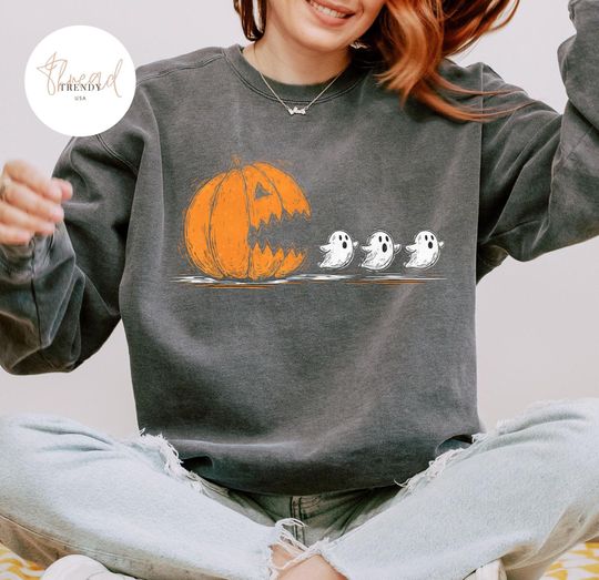 Discover Halloween Pumpkin Ghost Sweatshirt, Spooky Season, Witch Pumpkin Sweatshirt, Halloween Pumpkin Chasing Ghost Cute Gift