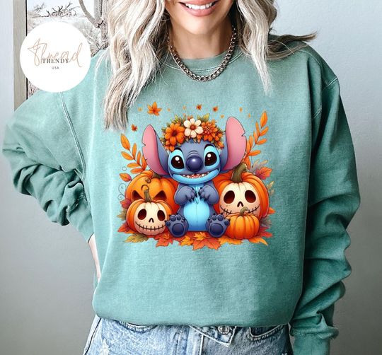 Discover Disney Stitch Halloween Sweatshirt, Disney Stitch Sweatshirt, Floral Stitch Sweatshirt, Spooky Season Vibe