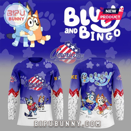 Personalize Rochester Americans x Blu.ey and Bin.go Hockey Shirt Men's Fan Gear