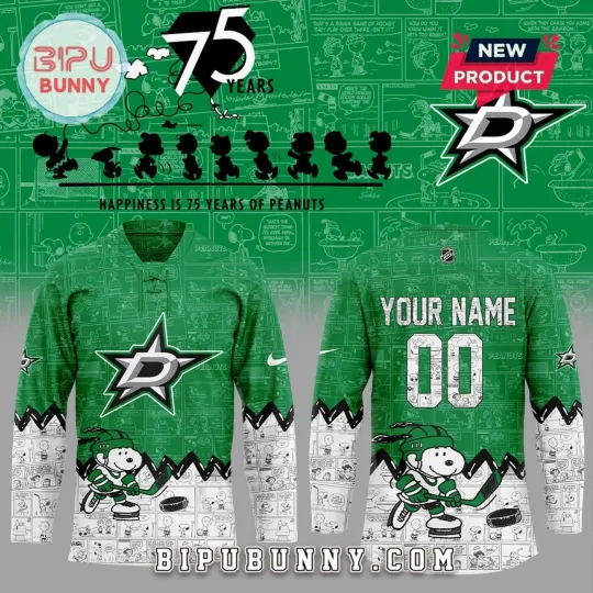 Discover Personalized Dallas Stars 75th Anniversary Peanuts Hockey Shirt Men's Fan Gear