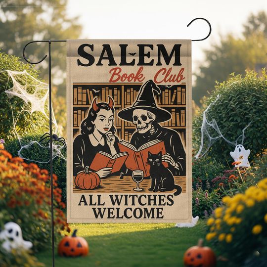 Salem Book Club Halloween Garden Flag with Witch and Skeleton Design