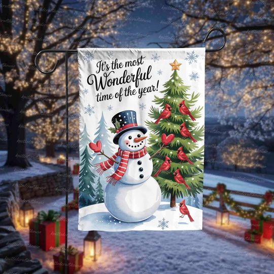 Christmas Garden Flag Snowman and Cardinals Winter Yard Decor