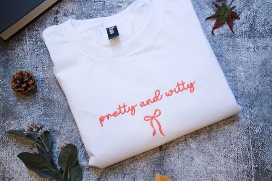 Coquette Bow Pretty and Witty Sweatshirt, Embroidered Showgirl Era Shirt, Trendy Positive Self-Love, Girl boss vibe shirt