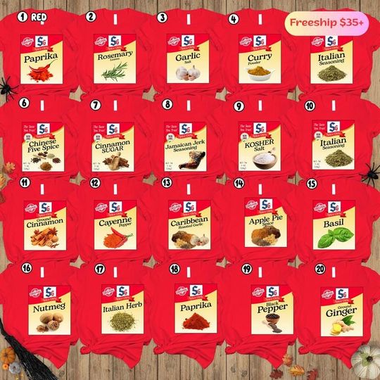 Discover Spice Girl Costume Group Shirt, Food Seasoning Matching Costume Halloween Party Squad Condiments Pepper Cinnamon Paprika Basil Garlic Shirt