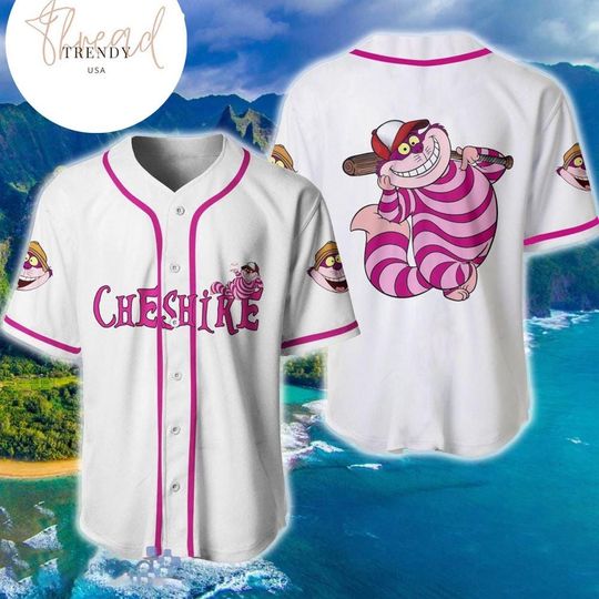Discover Chesire Cat Alice In Wonderland White Pink Disney Baseball Jersey Sunny Shirt All Over Print Shirt Gift For Kid Birth AOP Gift For Her