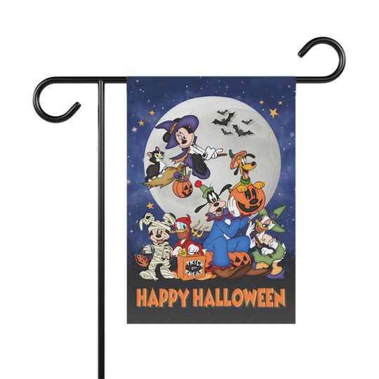 Discover Disney Happy Halloween Home & Garden Banner, Mickey and Pals Halloween Illustration, Disney Halloween Decor, Spooky Halloween Flag
