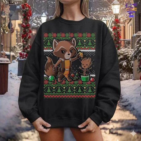 Rocket Raccoon Groot Ugly Christmas Shirt, Guardians Of The Galaxy Xmas Shirt, Baby Groot Christmas Tee, Merry Grootmas Shirt