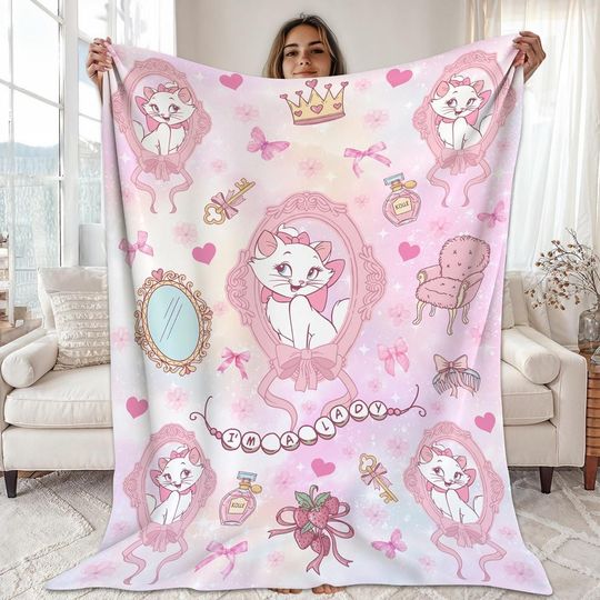Disneyland Coquette Bow Marie Aristocats Blanket, Watercolor Fleece Blanket