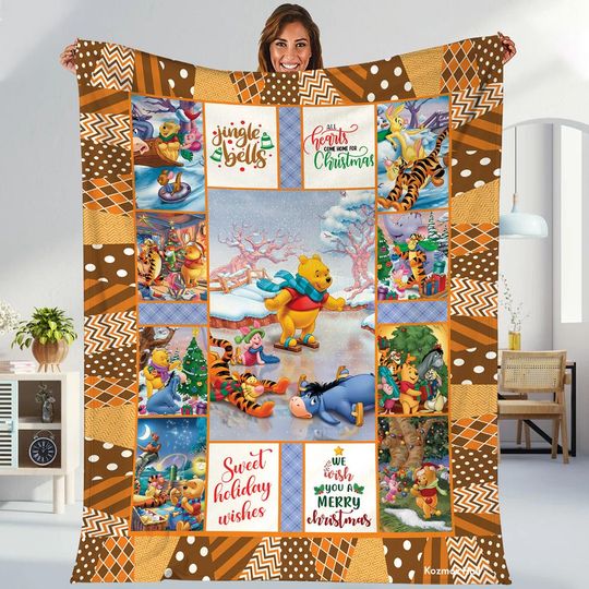 Discover Disneyland Winnie The Pooh Christmas Blanket, Pooh Tigger Piglet Eeyore Fleece Blanket, Pooh Bear Disneyland Throw Blanket, Christmas Gift