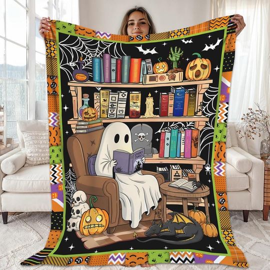 Ghost Reading Book Fleece Blanket, Halloween Library, Halloween Reading Blanket