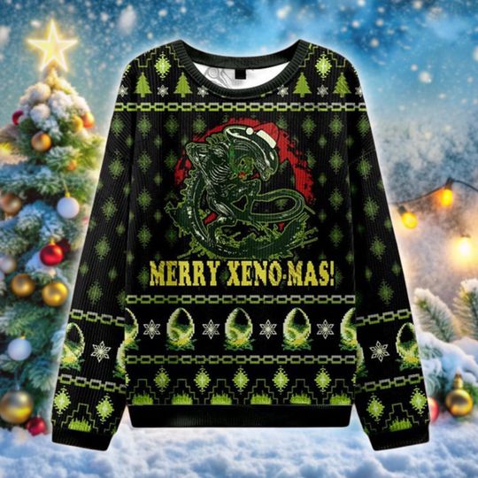 Merry Xeno-Mas Ugly Christmas Sweater, Alien Xmas Jumper for Sci-Fi Fans, Funny Holiday Sweater, Nerdy Geek Christmas Gift Sweater