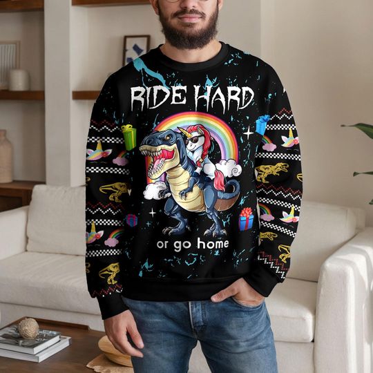 Discover Funny Dinosaur Unicorn Ride Hard 3D Printed Mens Ugly Christmas Sweater Winter Unisex Casual Knit Sweater, Winter Holiday Knit Sweater