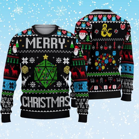 RPG D20 Merry Christmas Ugly Sweater, Polyhedral Dice Knit Look Unisex Holiday Jumper, Fantasy Tabletop Gamer Gift, Geeky Winter Pullover