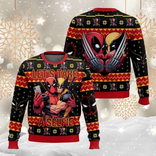 Discover Deadpool Wolverine Ugly Christmas Sweater, Deadpool Let's Take A Selfie Shirt, Funny Superhero Sweater, Wolverine Ugly Sweater
