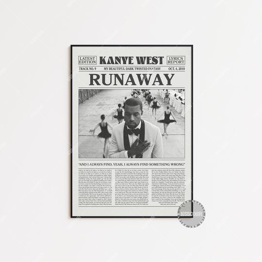Kanye West Retro Newspaper Print Poster - Runaway Lyrics - My Beautiful Dark Twisted Fantasy