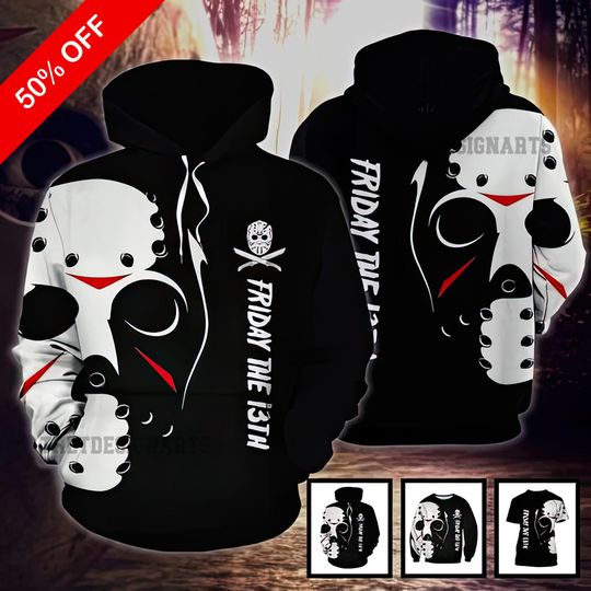 Discover Jason Voorhees Mask 3D Shirt, Black & White Horror Movie Print, Halloween Costume Tee, Halloween Gift for Horror Fans, Gift for Movie Lovers