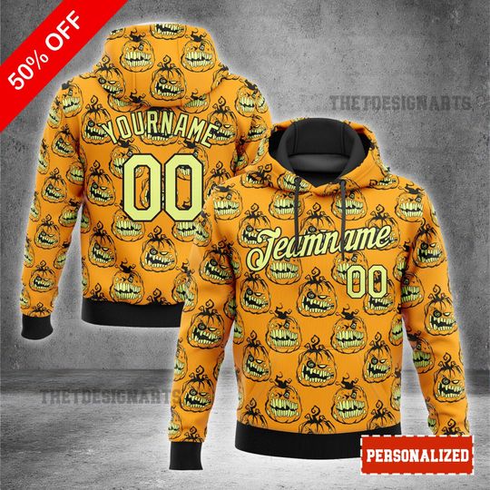 Discover Custom 3D Pattern Hoodie Sweatshirt, Gold Black Smiling Pumpkin Halloween Sports Pullover, Festive Fall Outerwear Gift, Seasonal Gift