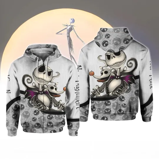 Discover Personalized Jack Skellington & Zero Dog Happy Halloween Zip Hoodie 3D Printed