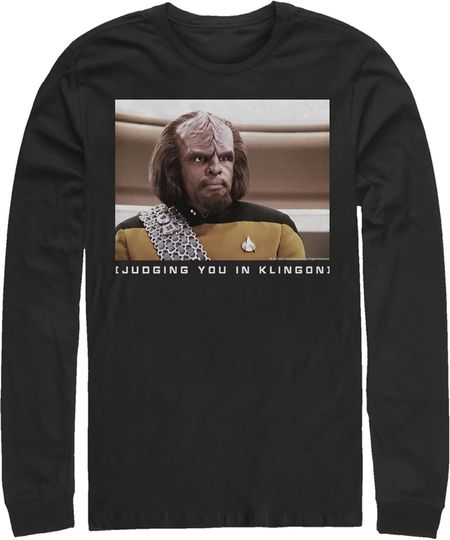 Discover Men's startrek2020: The Next Generation Worf Judging You in Klingon Long Sleeve Shirt