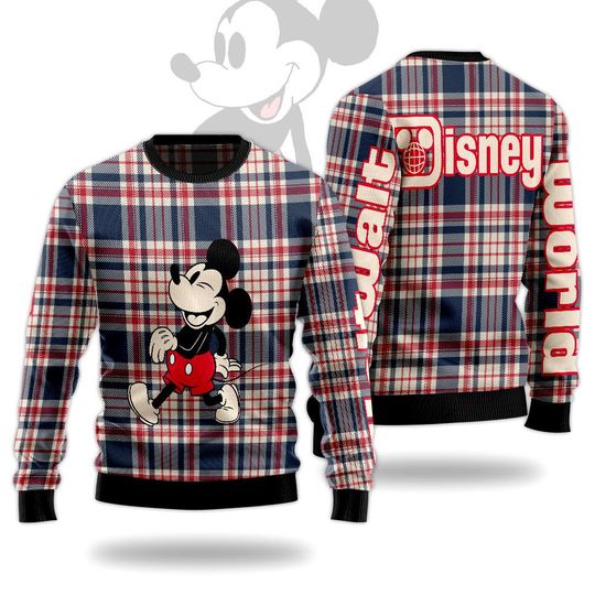 Discover Mickey Mouse Plaid Christmas Ugly Sweater, Disney World Checkered Holiday Sweatshirt, Vintage Knit Jumper