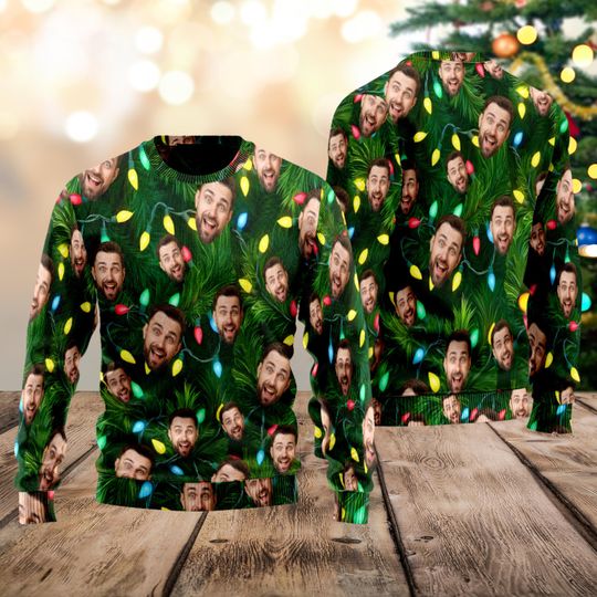 Discover Custom Face Ugly Christmas Sweater, Funny Christmas Lights Sweatshirt, Christmas Party Outfit, Xmas Tree