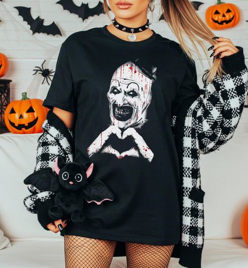 Art The Clown Terrifier T-Shirt, Scary Horror Clown Shirt, Creepy Heart Hands Tee, Spooky Slasher Fan, Halloween Horror Movie