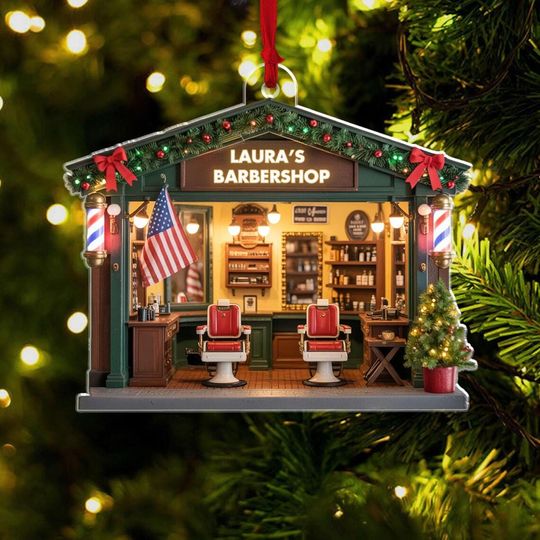 Discover Personalized Barber Shop 2D Flat Acrylic Ornament, Hairdresser Gifts, Christmas Decor, Hair Stylist Christmas Ornament