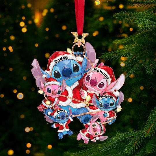 Funny Mischievous Stitch Family Ornament, Personalized Gift For Family, Stitch Christmas Ornament Hanging Decor, Stitch Lover Gift