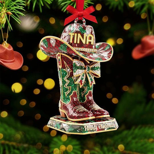Discover Personalized Cowgirl Boots And Hat Shaped Acrylic Ornament, Cowboy Cowgirl Horseback Riding Ornament, Horse Racing Ornament, Cowboy ornament