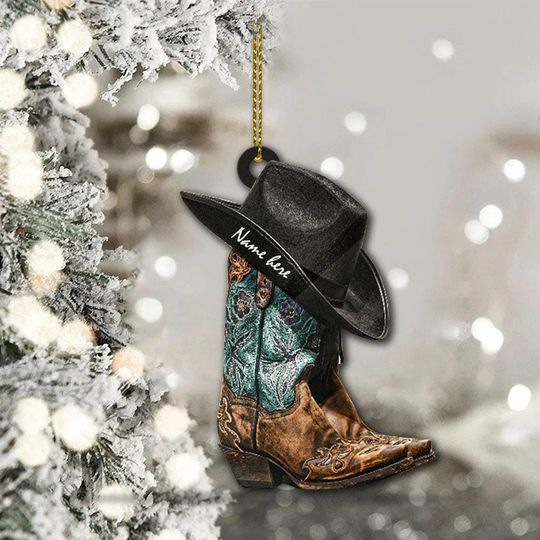 Discover Personalized Cowgirl Boots And Hat Shaped Acrylic Ornament Double Sides, Cowboy Cowgirl Horseback Riding Ornament, Horse Racing Ornament