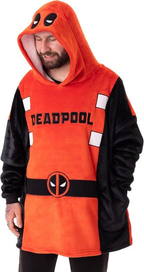 Marvel Deadpool Unisex Wearable Blanket Hoodie | Adults Pullover in Red and Black with Deadpool Mask Eyes on Hood