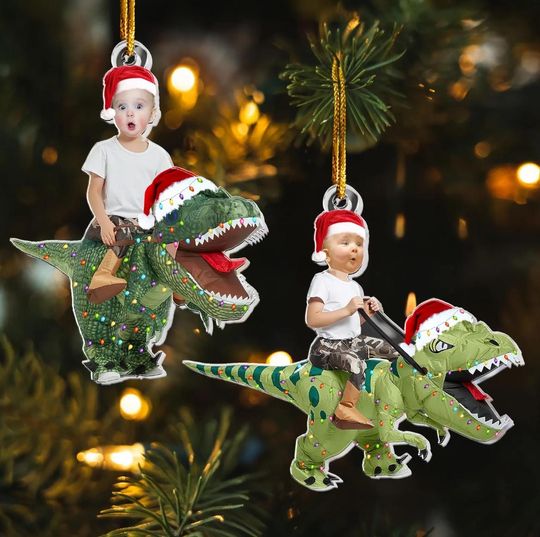Baby Face Photo, Cute Kid Xmas Dinosaur, Unicorn, Flamingo Alien, Personalized Kids Photo Ornament, Cute First Christmas ornament Gift
