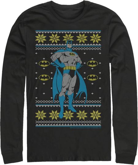 Fifth Sun Men's Batman Ugly Christmas Dark Knight Pose Long Sleeve Shirt